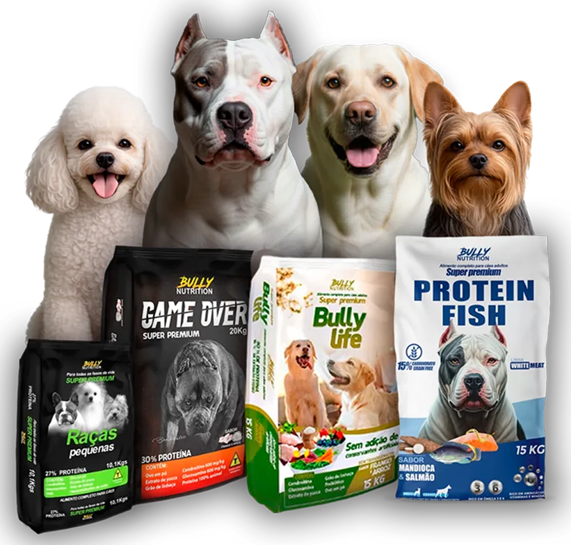 Cães ao lado de embalagens Bully Nutrition Raças Pequenas, Game Over, Bully Life e Protein Fish