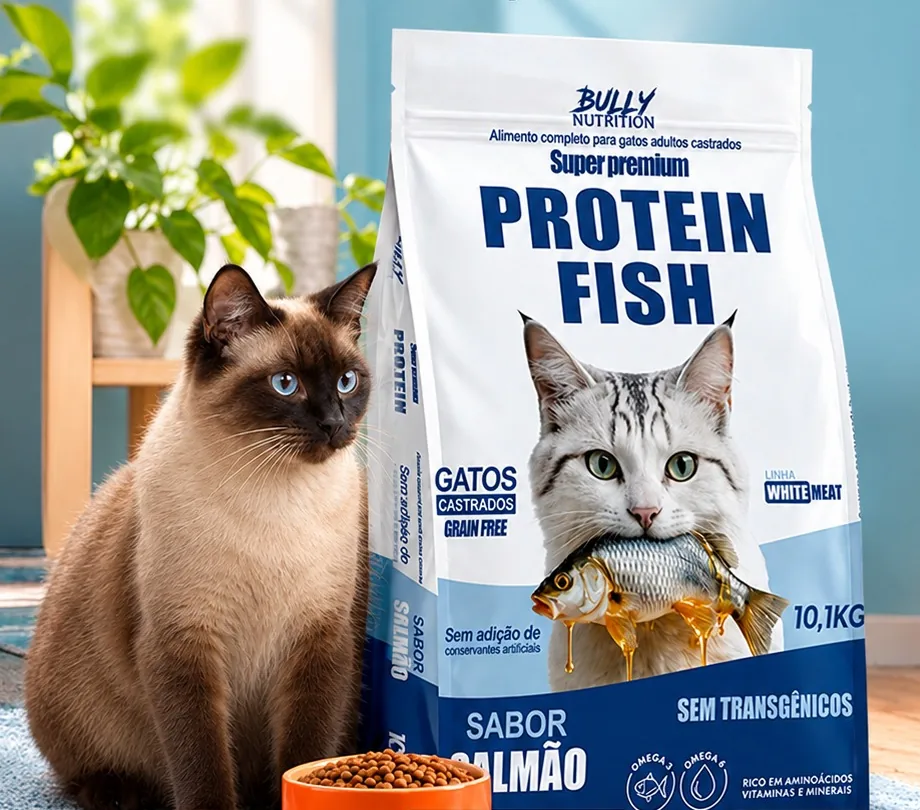 Gato siamês ao lado da embalagem Bully Nutrition Protein Fish para gatos castrados, sabor salmão, 10,1 kg