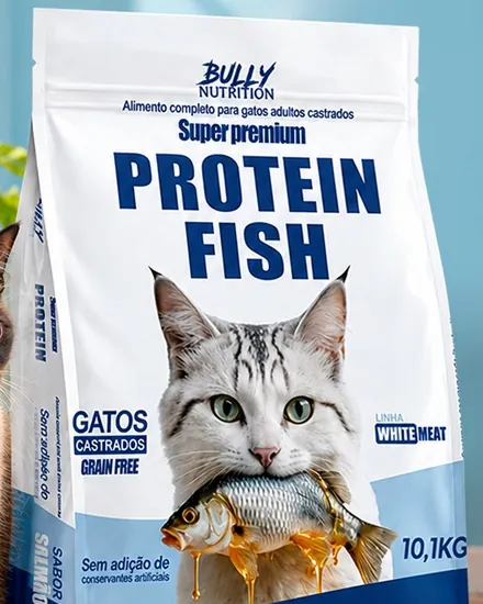 Embalagem da ração Bully Nutrition Protein Fish para gatos castrados, sabor salmão, 10,1 kg